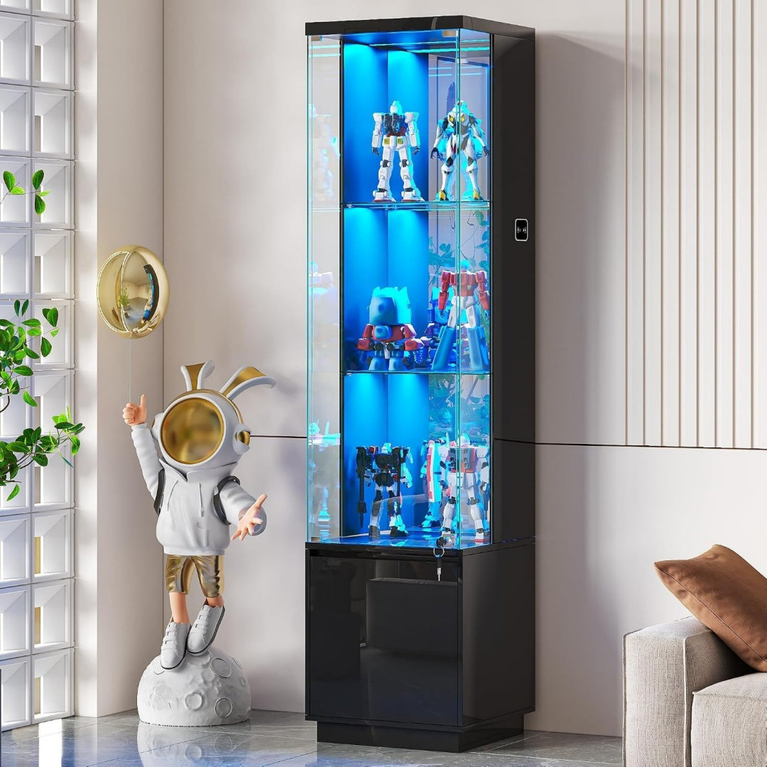 Vitrine gris en verre trempe, design moderne, rangement optimise