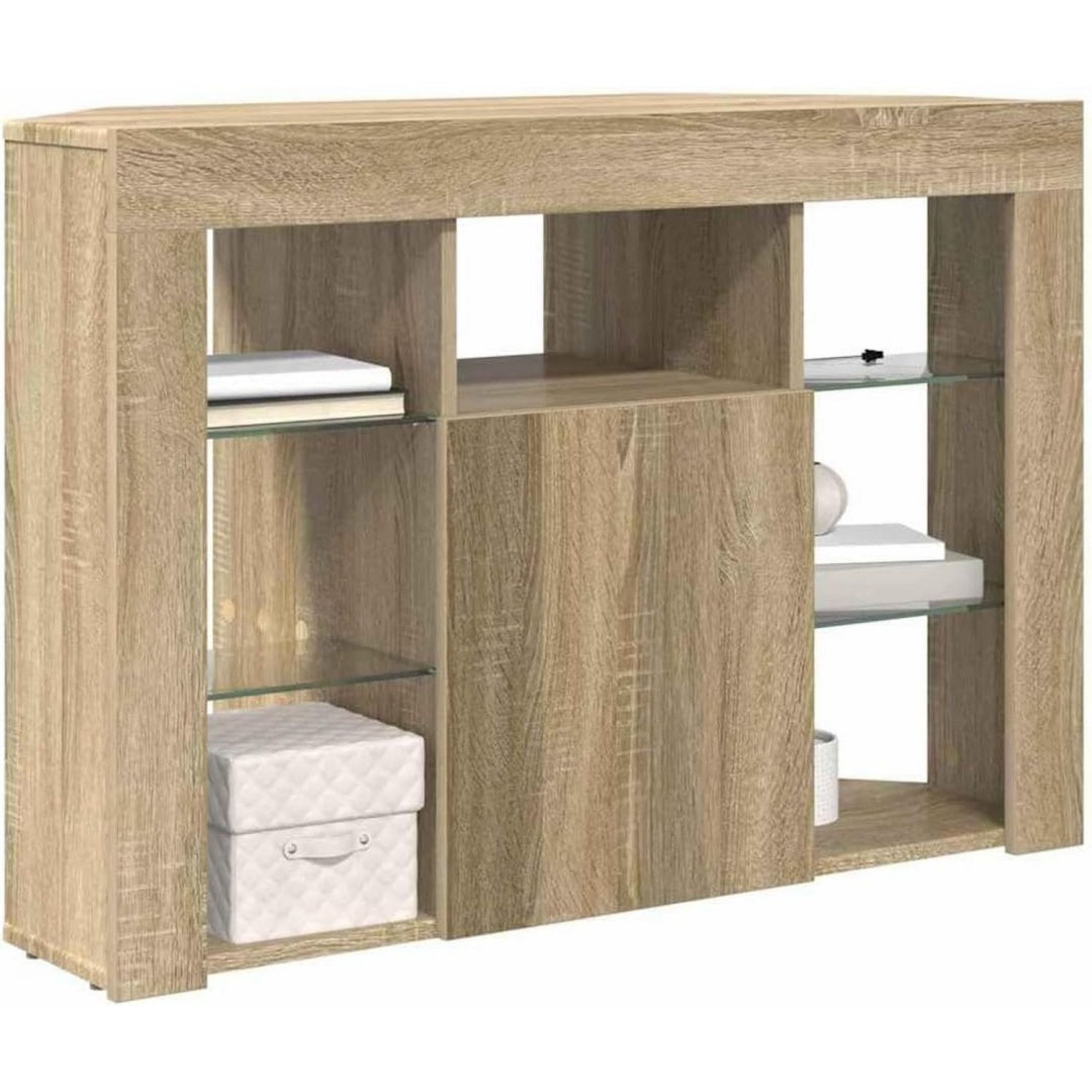 Meuble TV marron 4 etageres reglables, bois massif et style contemporain