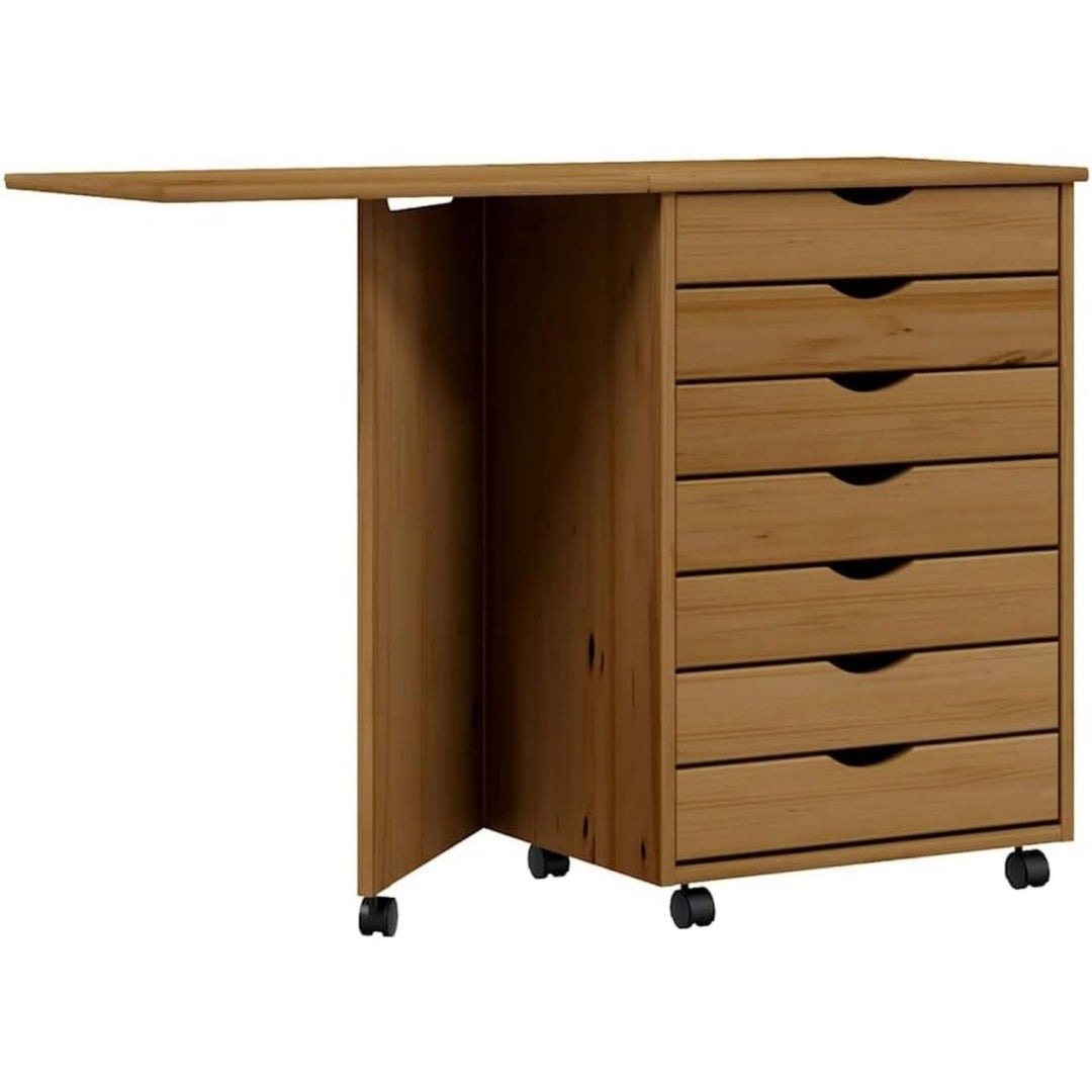 Bureau marron, roulettes, rangement interieur optimise