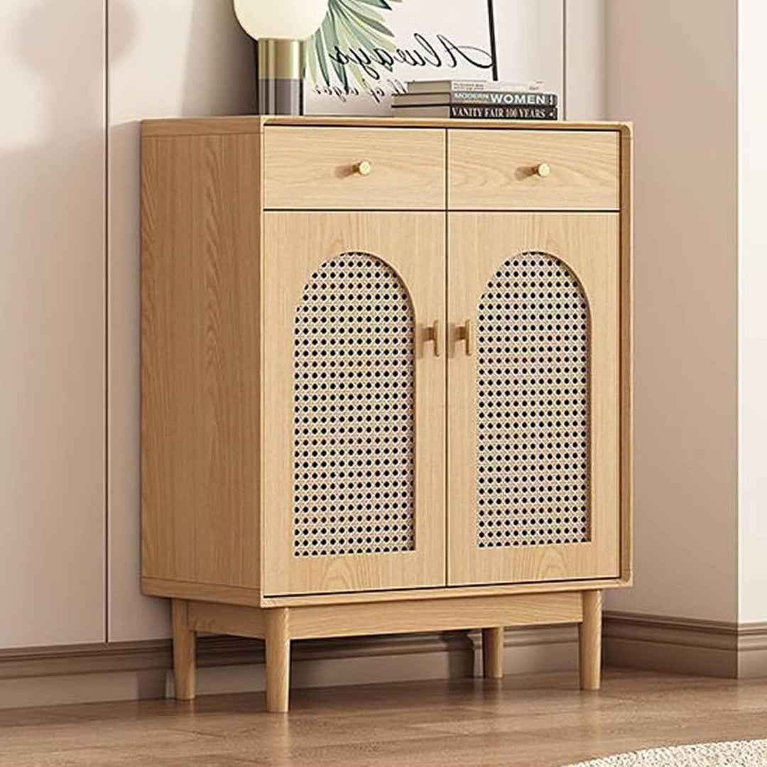 Armoire a chaussures marron boheme en MDF et rotin