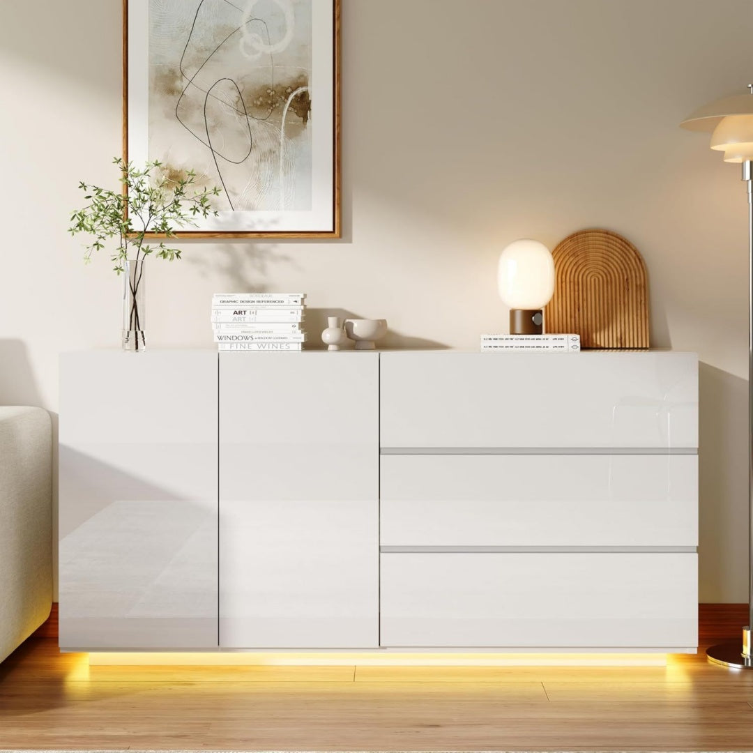 Buffet gris clair scandinave 2 portes et 3 tiroirs