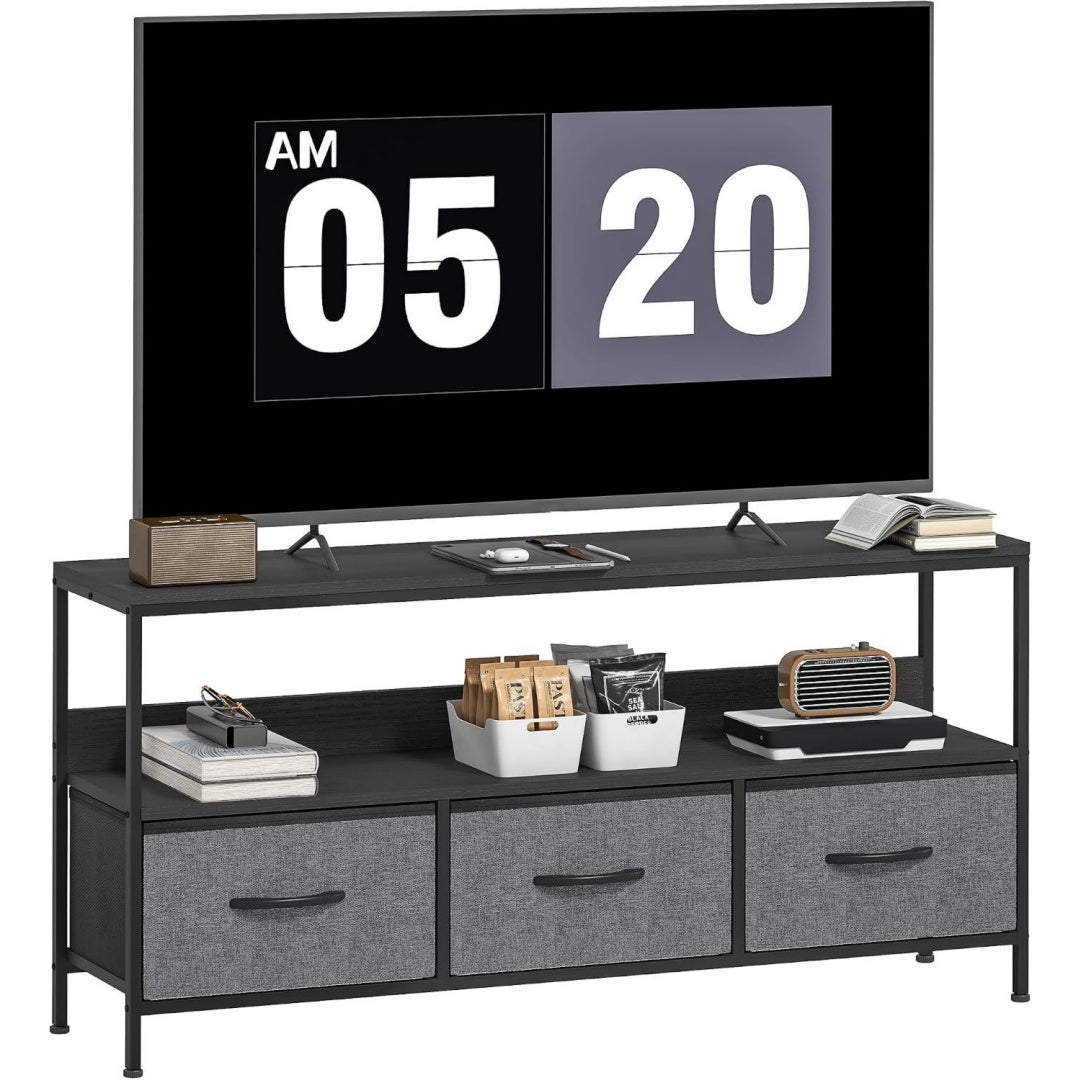 Banc TV gris fonce avec 3 tiroirs, metal